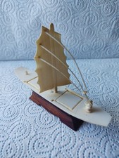 Vintage Chinese Junk Boat Model - Hand-Carved Bone on Wood Stand (13cm)