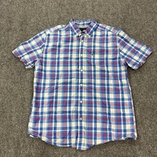 Tommy Hilfiger Shirt Mens M Blue Plaid Cotton Short Sleeve Button Front Casual