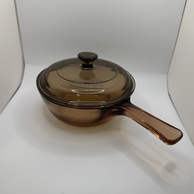 Corning Visions 1 Liter Amber Glass SAUCEPAN Sauce Pan Pot w/Spout Pyrex Lid USA
