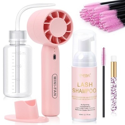 Lash Shampoo Kit with Rechargeable Fan Dryer/Brush/Rinse Bottle, Oil-free 2.02fl
