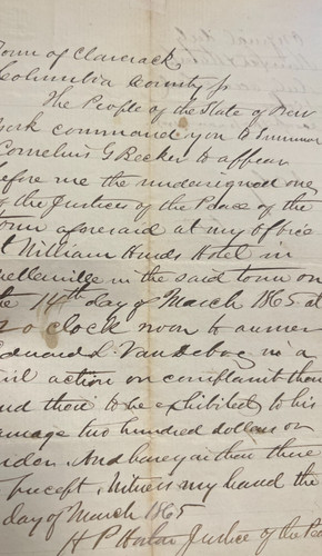 1865 Claverack NY Justice of Peace Summons to William Hurd Hotel Mellenville