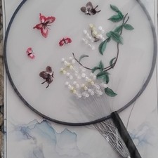 Vintage Style Fabric Hand Fan, White Embroidered Floral Butterfly Silk
