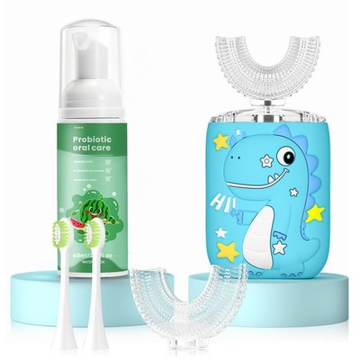 U Shaped Toothbrush,Dinosaur Full Mouth Toothbrush with 4 Soft Brush Head Aut...