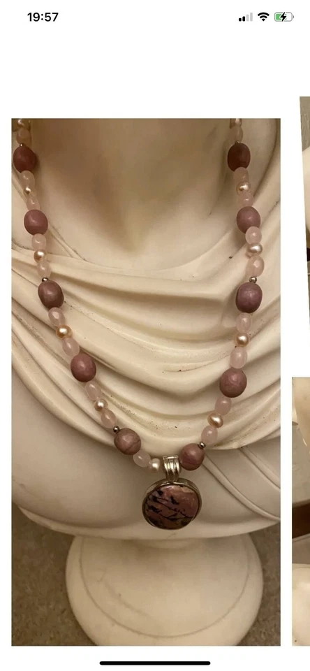 Collar largo de 26" de plata marcado Hall 925 con preciosas piedras Zade meñique. Chaina Foto 3 de 4