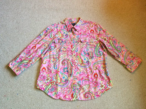 Damen Top-CHAPS RALPH LAUREN-rosa/grün/blau Paisley Baumwolle Knopfleiste 3/4 SLV-XL