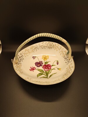 Vintage Ucagco Ceramic Japan Candy Dish Pansies Gold Trim Bowl Wire Handle