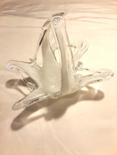 Stunning Murano Italian Style Art Glass Freeform Basket Gray/White/Clear 7 x 7.5