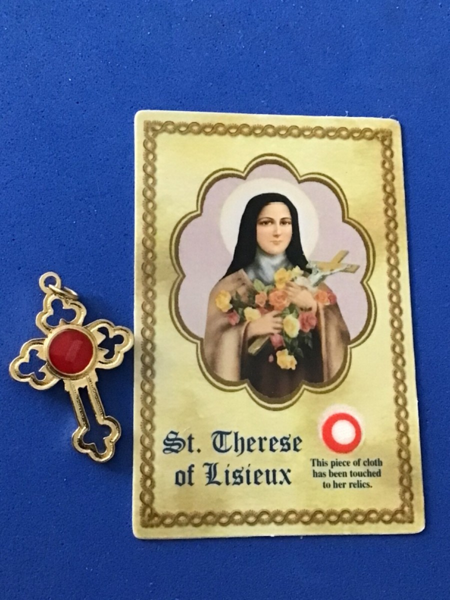 Rare St Therese Relic Cross with Relic Card Healing Gold Plate