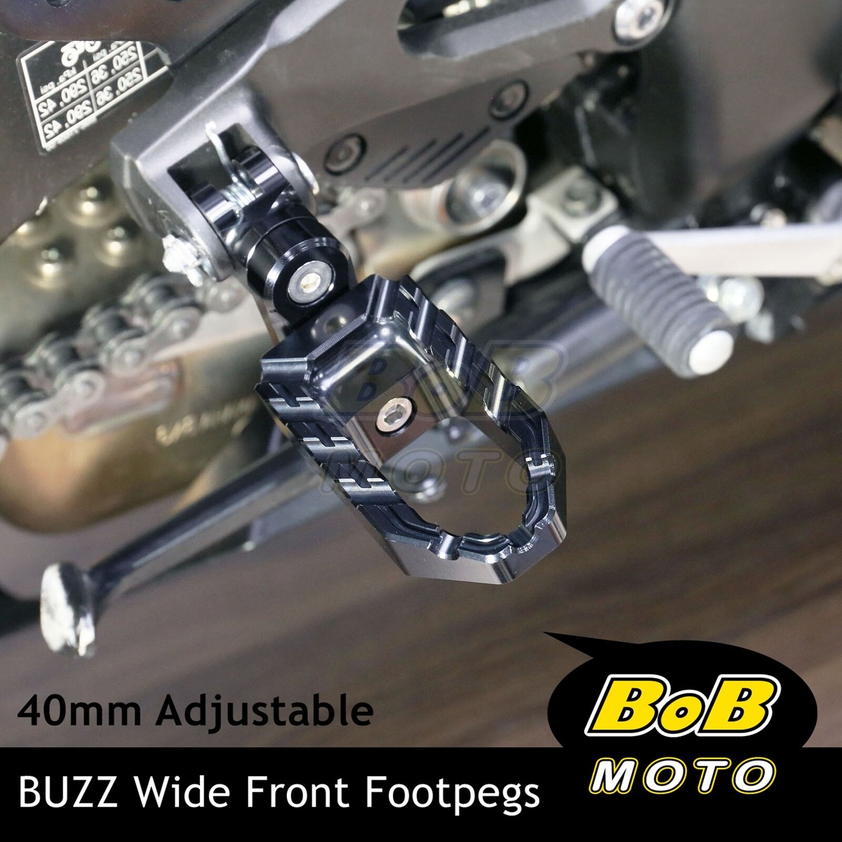 BUZZ 40mm Lower BLACK Front Wide Footpegs For Triumph Bonneville