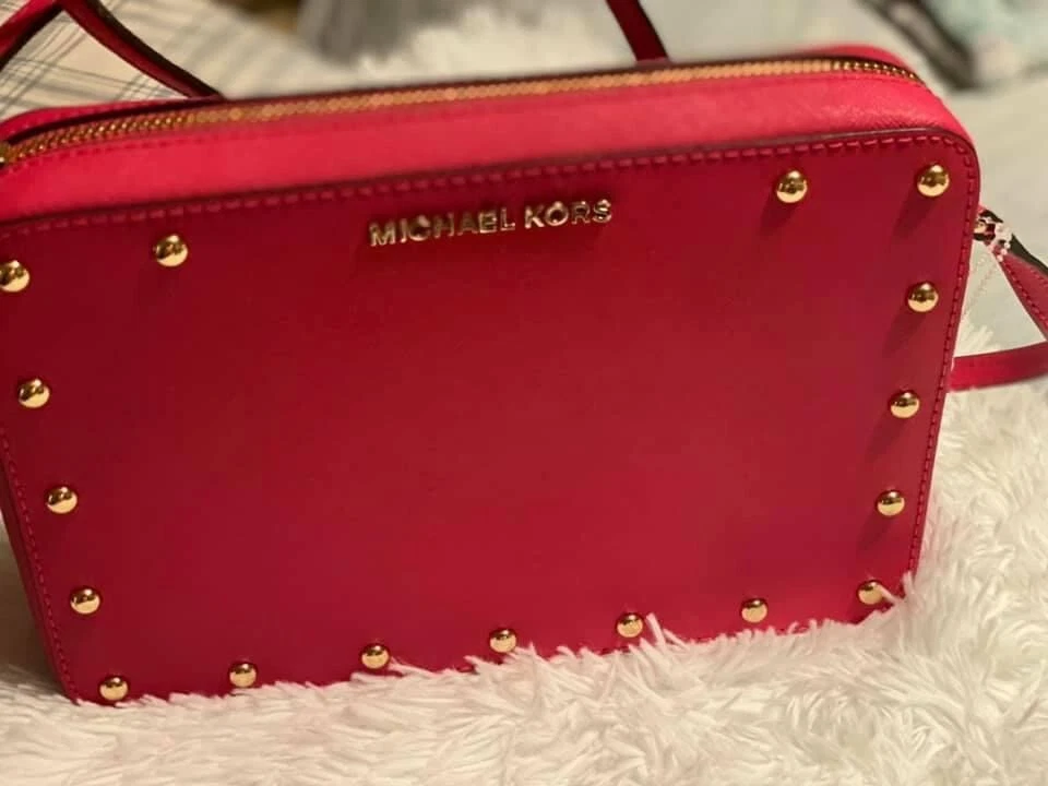 Michael Kors Sandrine Stud LG EW Crossbody Bag Electric Pink Saffiano 38S8CD1C3L
