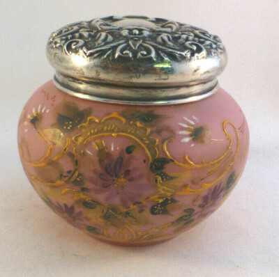 Beautiful English Figural Sterling Top Pink & Painted Large Glass Dresser Jar
