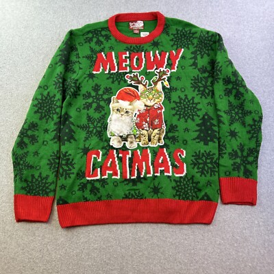 Party Ugly Christmas Sweater Mens Large Kitty Meow Green Red Knit Pullover Adult