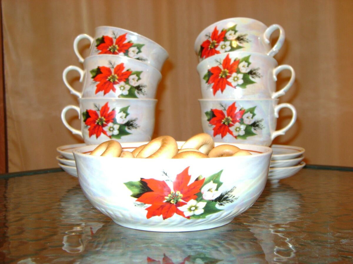 Never used vintage Porcelain Tea set Poinsettia for 6 people