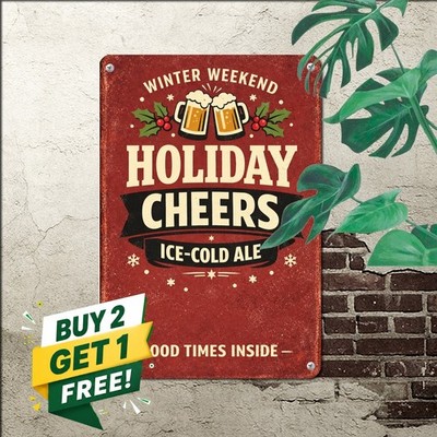 Beer And Christmas Cheer Tin Sign Retro Holiday Pub Tavern Metal Wall Plaque