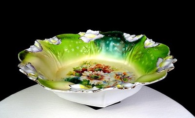 RS Prussia Antique Porcelain Iris & Anemone Large 10 1/2'' Centerpiece Bowl 1890