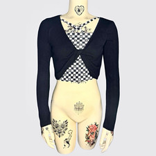 Black layered long sleeve checkered crop top