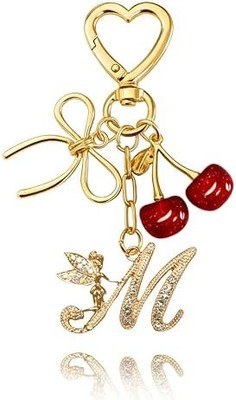 Initial Keychain with Bow and Cherry,Gold Letter Bag Charms for Women,Cute Purse