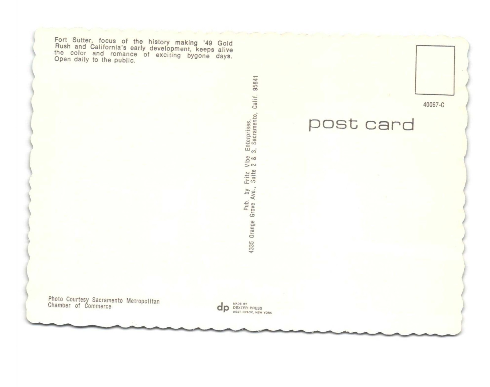Sutter's Fort Vintage postcard unposted