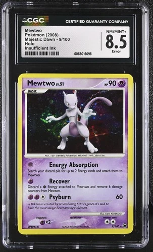 CGC 8.5 Holo Bleed Mewtwo 2008 Majestic Dawn 9/100 Holo Pokemon Card