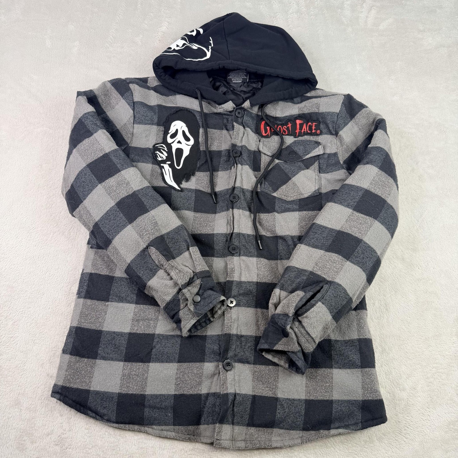 Ghost Face Jacket Mens Medium Gray Black Plaid Hooded Quilted Flannel Halloween - second product detail image