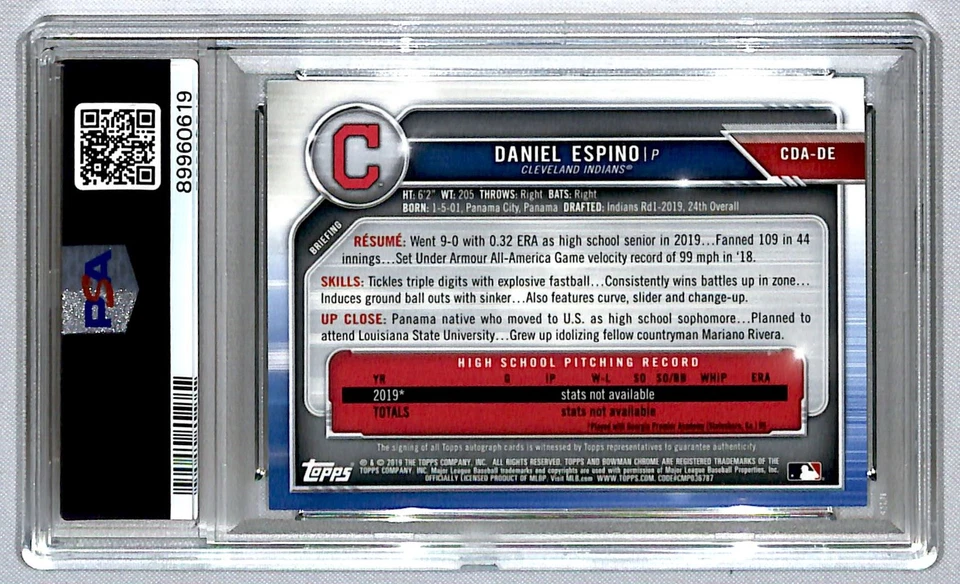 Daniel Espino 2019 Bowman Chrome Draft Green Refractors /99 #CDA-DE PSA 10 - Image 2 of 2