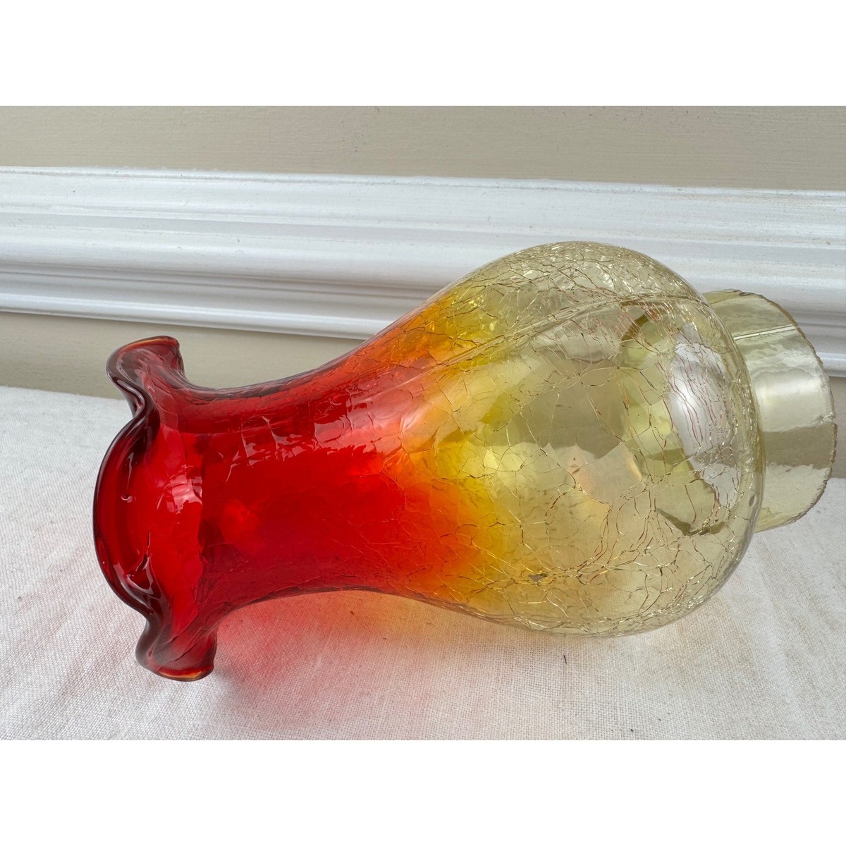 Vintage Red Amberina Crackle Glass Hurricane Lamp Shade Ruffled