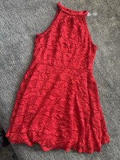 Chocolate Red Lace Sleeveless Short Fit & Flare Dress High Neck Floral Women