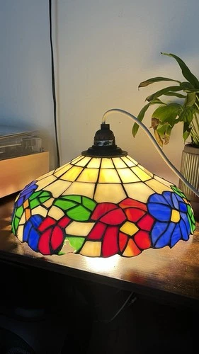 Tiffany Style Vintage Leaded Stained Glass Floral Hanging Lamp Shade 13in Length