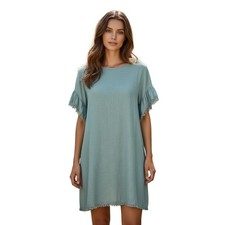 Umgee Linen Shift Becca Dress M Green Fringed Swing Flounce Sleeves Minimalist