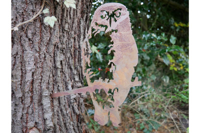 Garden Owl Stake, Rusty Metal Bird Perched On Branch Tree Spike,  Garden Art