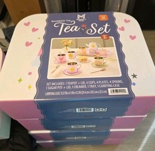 New Rainbow Tin 18 pc. Tea Set Play Plates Spoons Teapot Tea Party Play Set