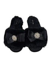 Pretty You London Anya Faux Fur Slippers Black Bow Pearl Womens Large 8 9