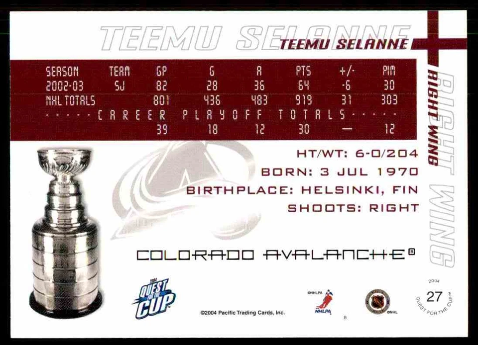 2003-04 PACIFIC QUEST FOR THE CUP TEEMU SELANNE COLORADO AVALANCHE #27 - Image 2 of 2