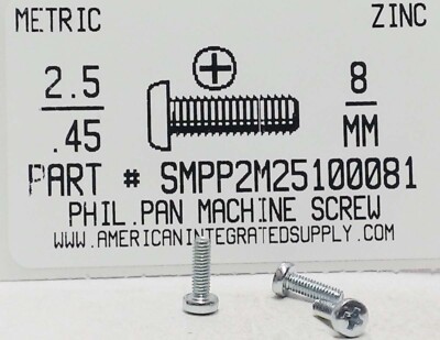 M2.5-.45X8MM PAN HEAD PHILLIPS MACHINE SCREWS STEEL ZINC PLATED (50)