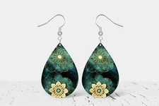 Green and Gold Mandala Print Wood Dangle Teardrop Print Earrings Jewelry
