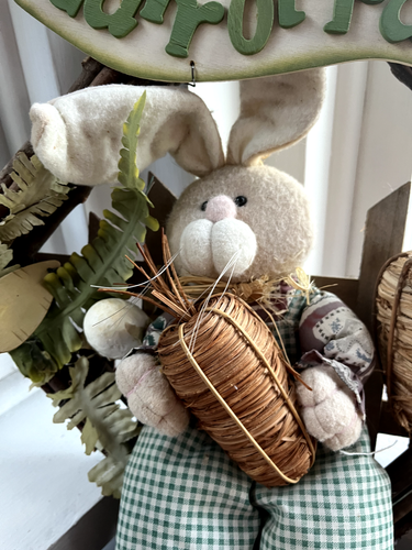 Handmade Easter Bunny Spring Wreath 18" Carrot Patch Cute Ferns Rabbit Sign - Picture 6 of 20