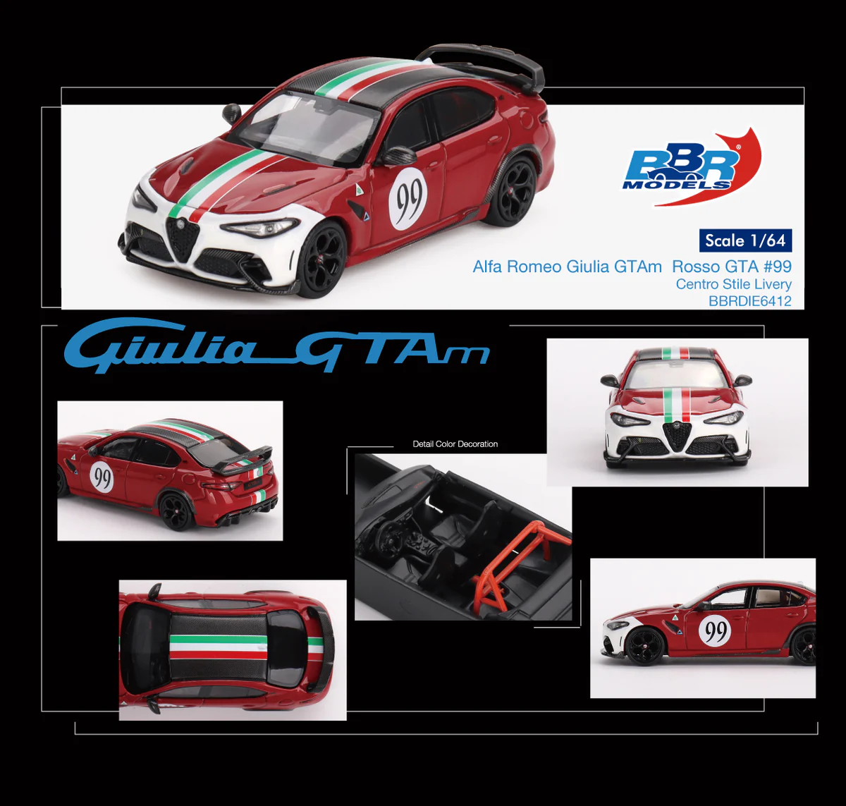 In Stock) BBR Model 1:64 Alfa Romeo Giulia GTAm Rosso GTA #99 