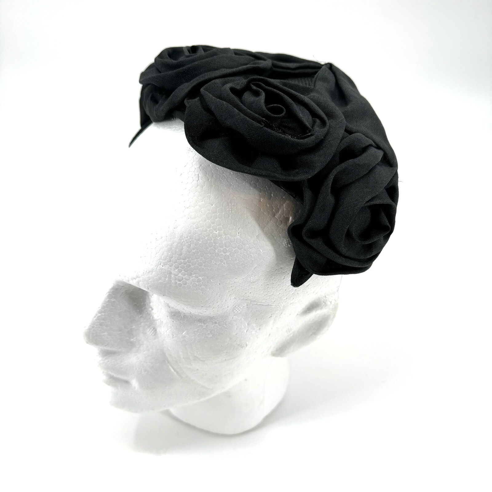 Black Fascinator Fabric Rosettes Over Mesh Form VTG Headwear