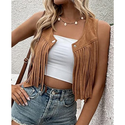 Women s Fringe Faux Suedes Vest Hippie Sleeveless Tassels Cardigan Jackets - Picture 6 of 18