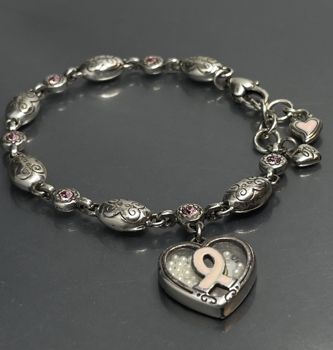 Brighton Trust Your Journey Charm Bracelet Silver Plated Faux Pearl Pink  Crystal