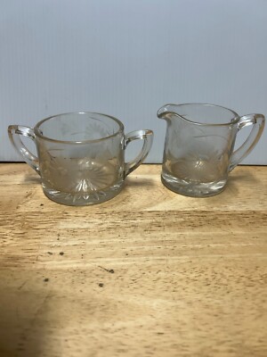 Vintage Cut Glass Crystal Clear Creamer and Sugar Bowl with Etched Flowers