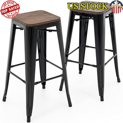 30 Inch Metal Bar Stools Set of 2 Stackable Wood Seat Industrial Style New