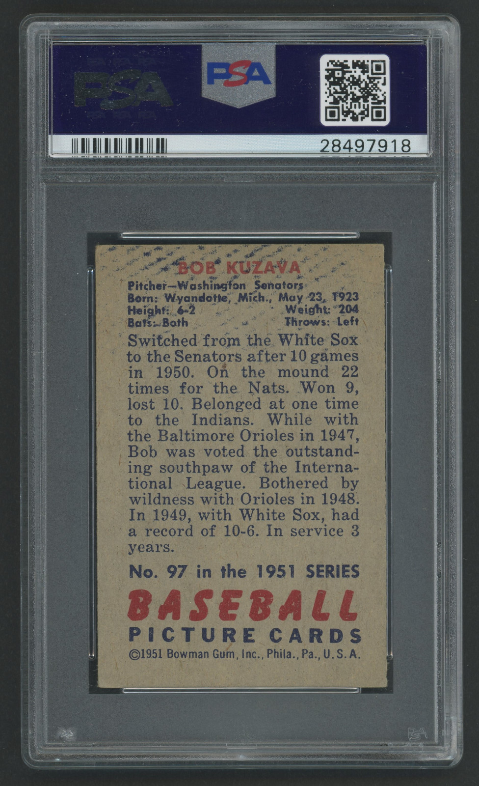 1951 Bowman #97 Bob Kuzava Washington Senators Vintage Baseball Card PSA 5 view 2