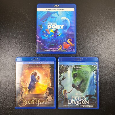 Lot of 3 Disney Blu-ray LOT Dory, Pete's Dragon, Beauty Beast *Read* Bluray