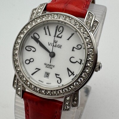 VTG Visage Quartz Watch Women 30m Silver Steel Rhinestone Leather New Battery