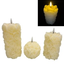 3 LED Kerzen im Set aus Echtwachs Rosenblüten mit 6-Stunden Timer in Creme Beige
