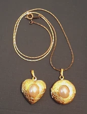 Pendant LOT of 2 Pearly Etched Lockets with 15" Gold Tone Choker Length Necklace