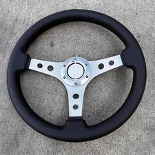 14 Inch 350mm Brushed Chrome Steering Wheel Horn -black Leather Blem