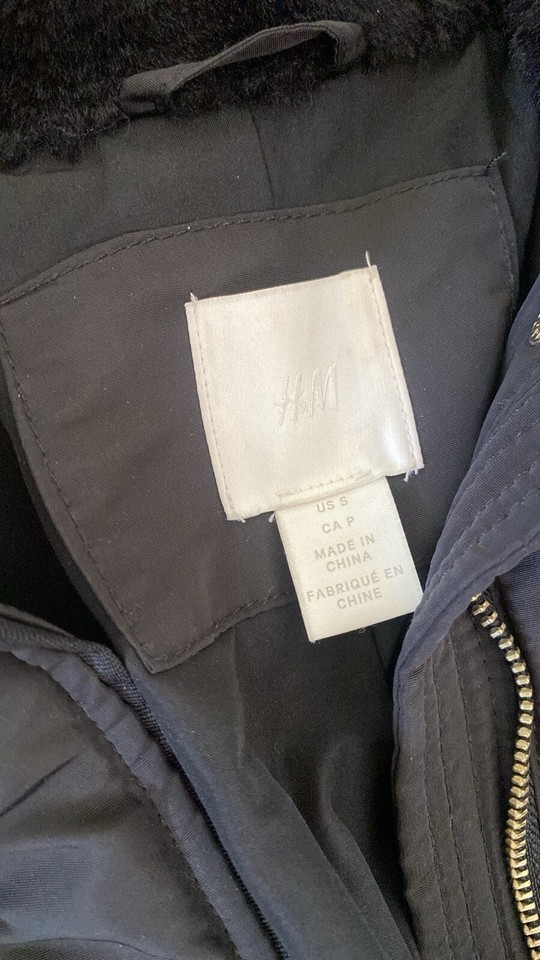 H&M Parka Puffer Jacket Women's Black Faux Fur Lined Hood Pockets