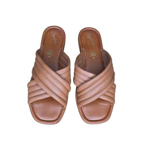 Seychelles Womens Tan Brown Word For Word Leather Criss Cross Slide Sandals 9.5
